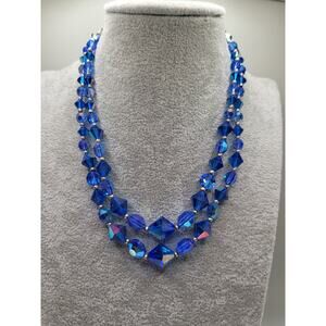 Vintage Blue Crystal AB Bead Double Strand Necklace 1950s Adjustable